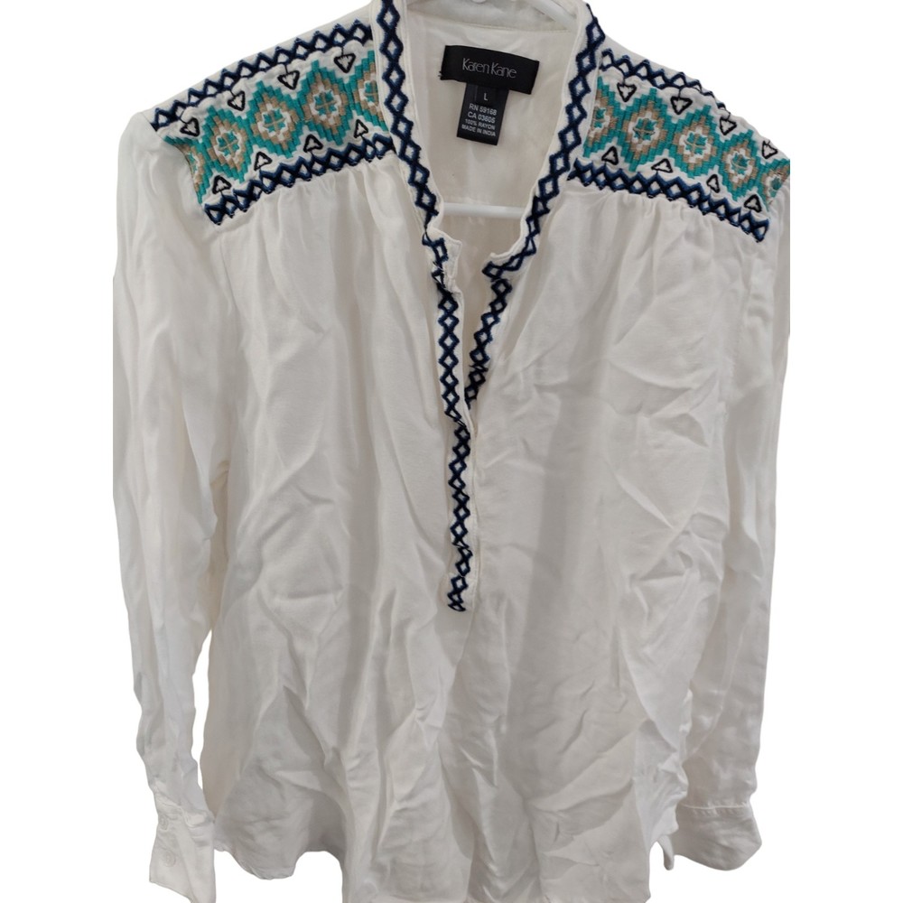 Karen Kane White Blouse with Blue and Green Embroidery